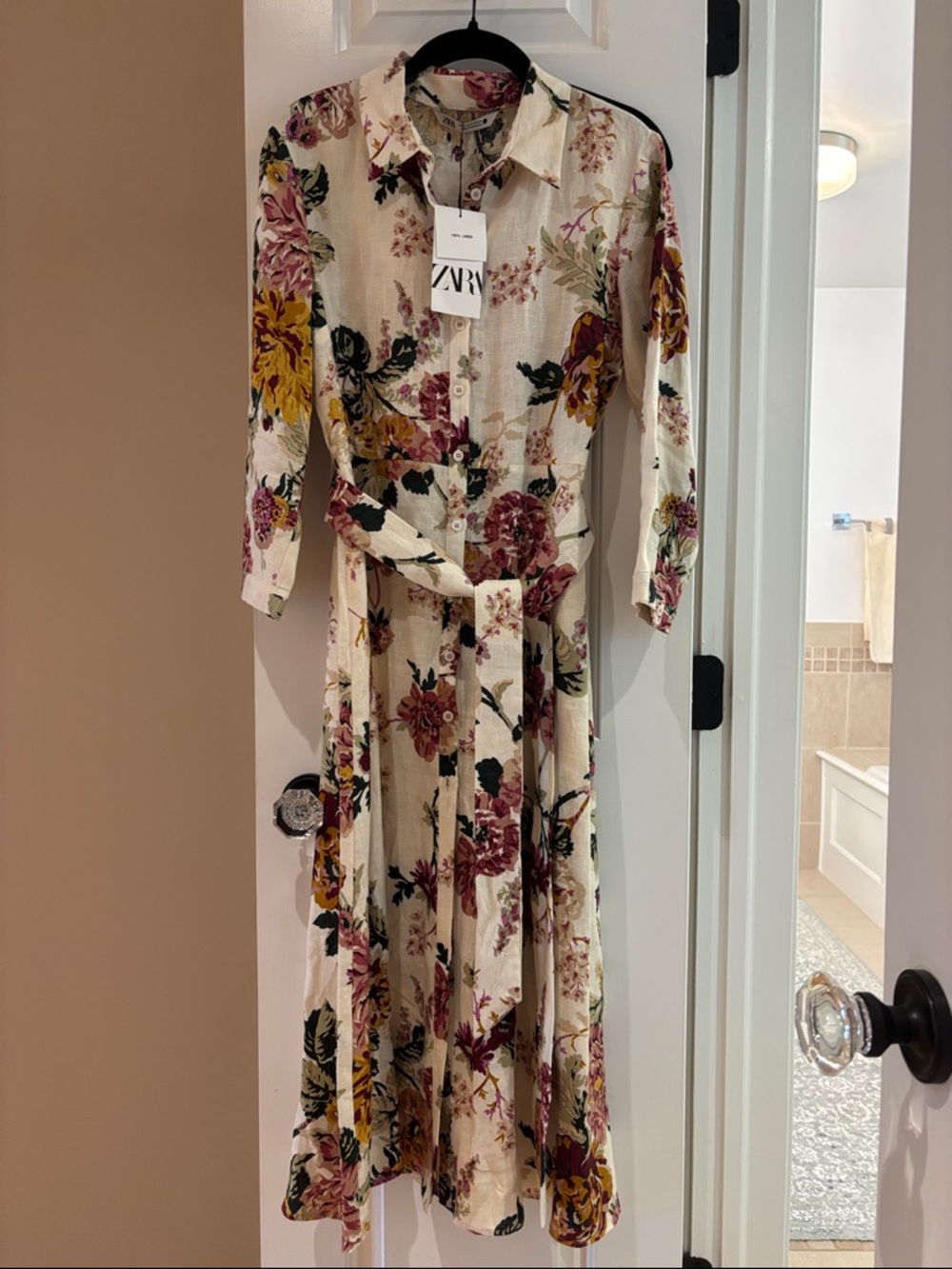 NWT | Zara Cream Linen Floral Shirt-Collar Midi Dress with Tie Waist